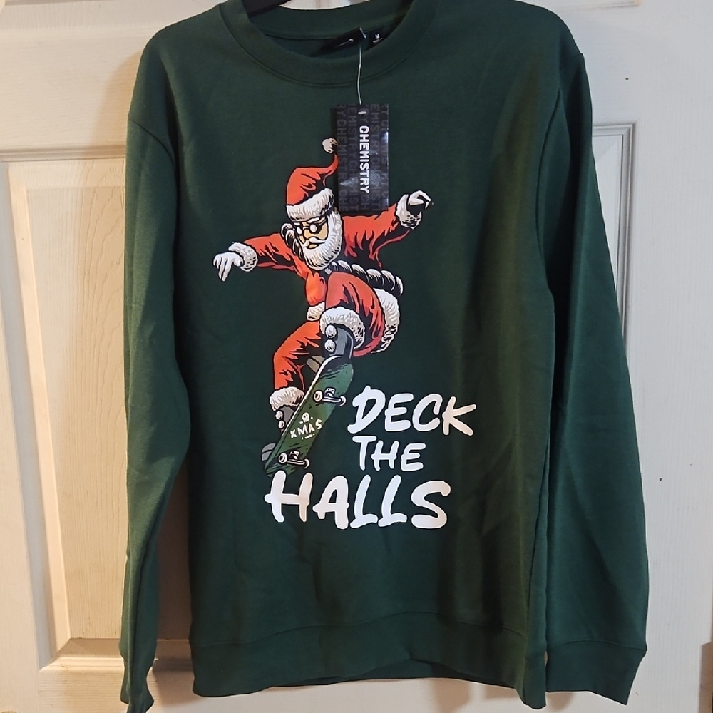 CHEMISTRY SNOWBOARD SANTA SWEATSHIRT: GREEN: NEW WITH TAGS: SIZE M